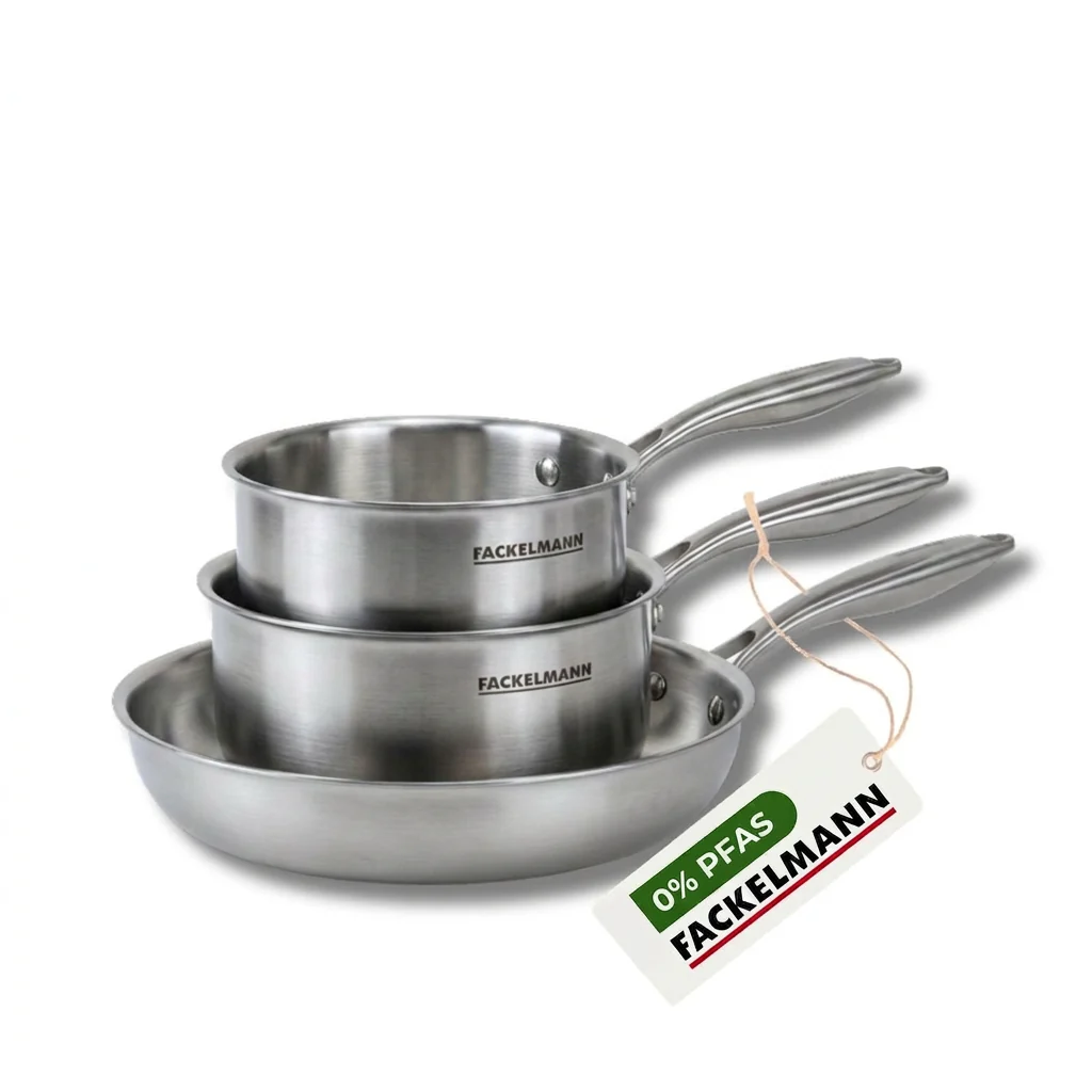 Batterie de cuisine avec 1 poêle de cuisson 26 cm et 3 casseroles 14/16/18 cm en inox sans PFAS Fackelmann Vita3