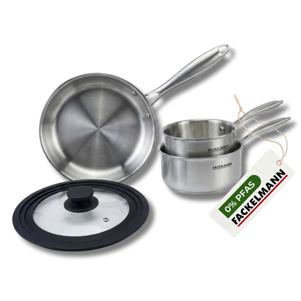Batterie de cuisine avec 1 poêle 28 cm et 3 casseroles 14/16/18 cm et 1 couvercle de cuisson universel sans PFAS Fackelmann Vita3