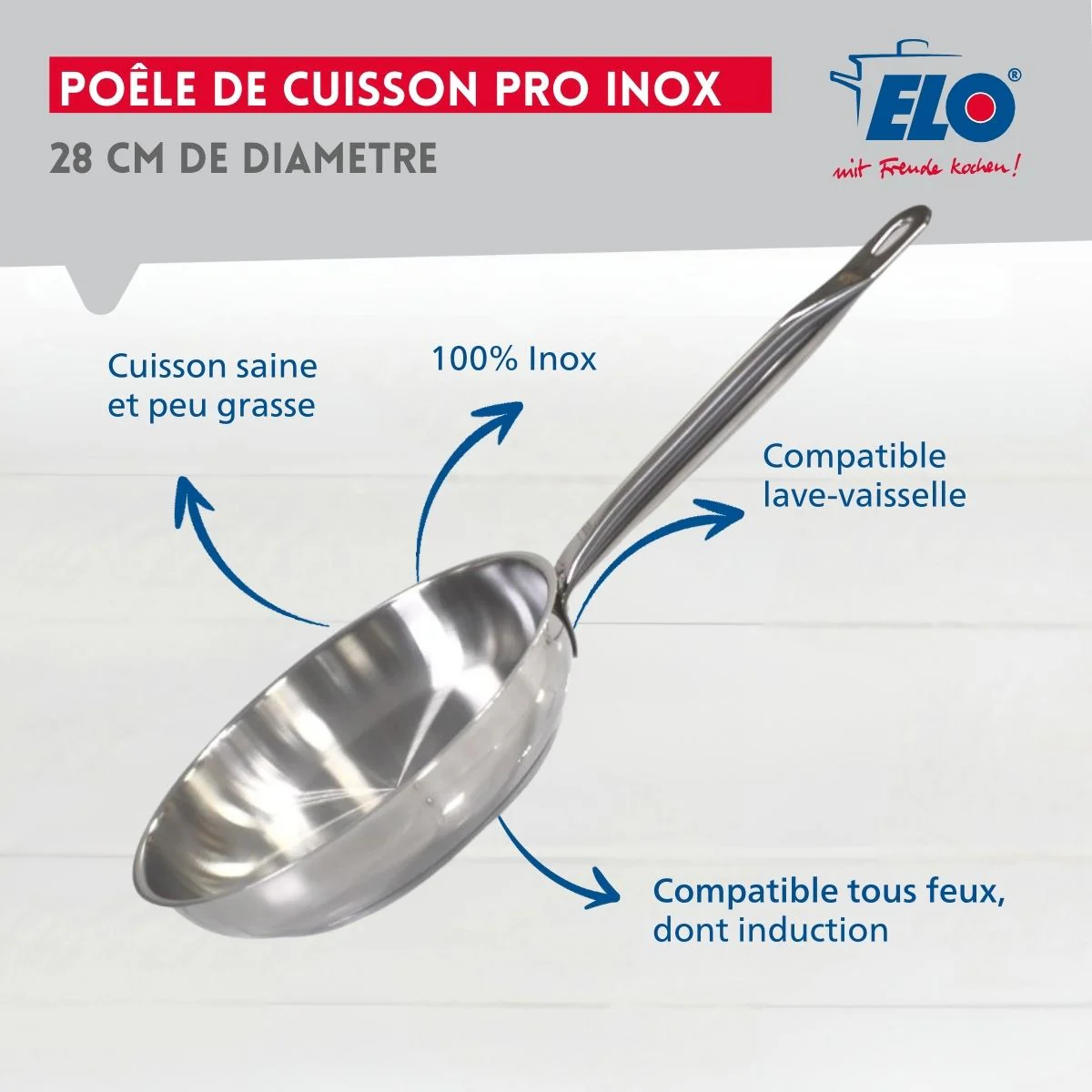 Poêle à frire 28 cm en inox 18/10 sans revêtement de 2,6 litres Elo Profi Therm - Image 2