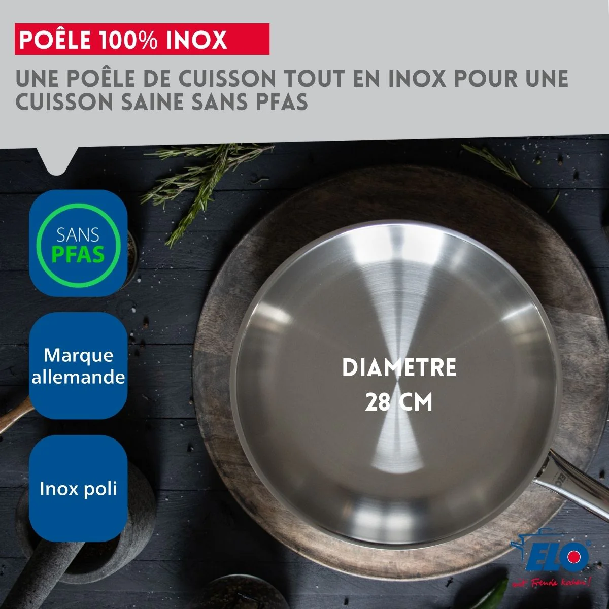 Poêle à frire 28 cm en inox 18/10 sans revêtement de 2,6 litres Elo Profi Therm - Image 3