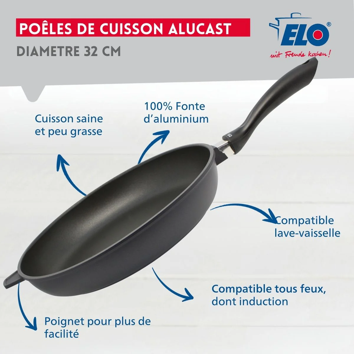 Poêle à frire 32 cm avec couvercle en verre sans PFAS Elo Alucast - Image 2