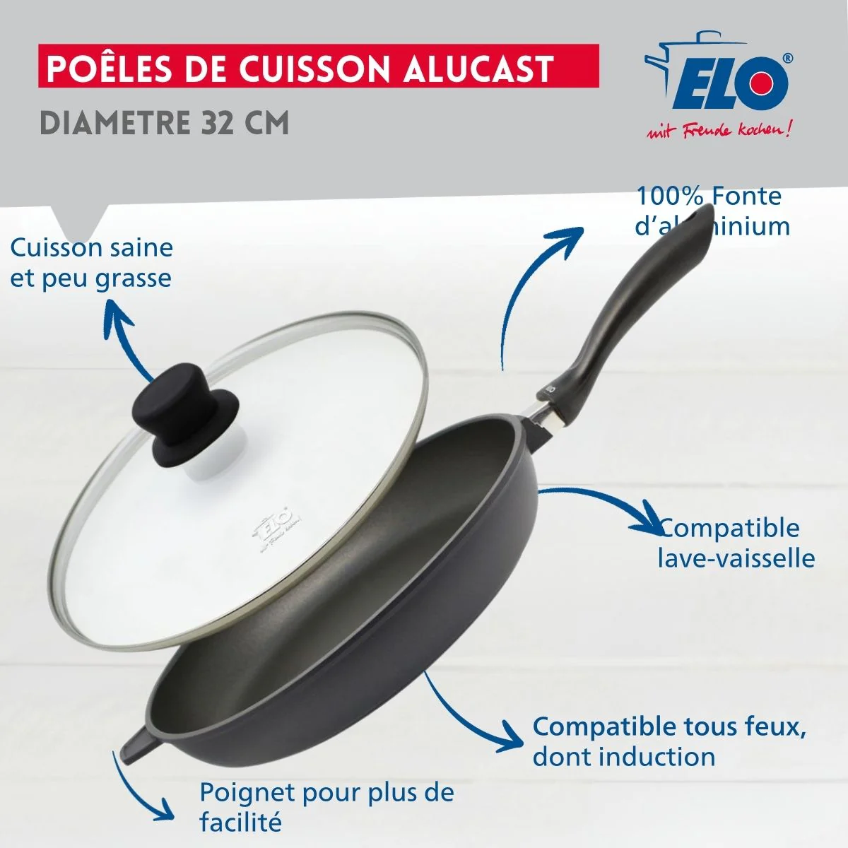 Poêle à frire 32 cm avec couvercle en verre sans PFAS Elo Alucast - Image 3