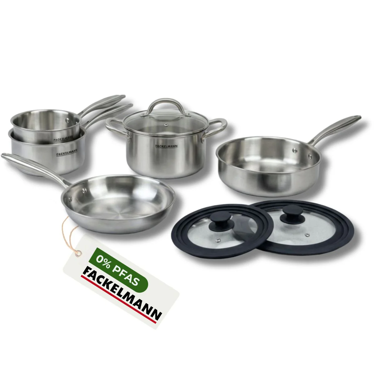Poêles à Frire 24 cm, Casseroles 16 et 18 cm, Faitout 20 cm, Sauteuse 24 cm inox 18/10 Triply et 2 couvercles Fackelmann Vita3