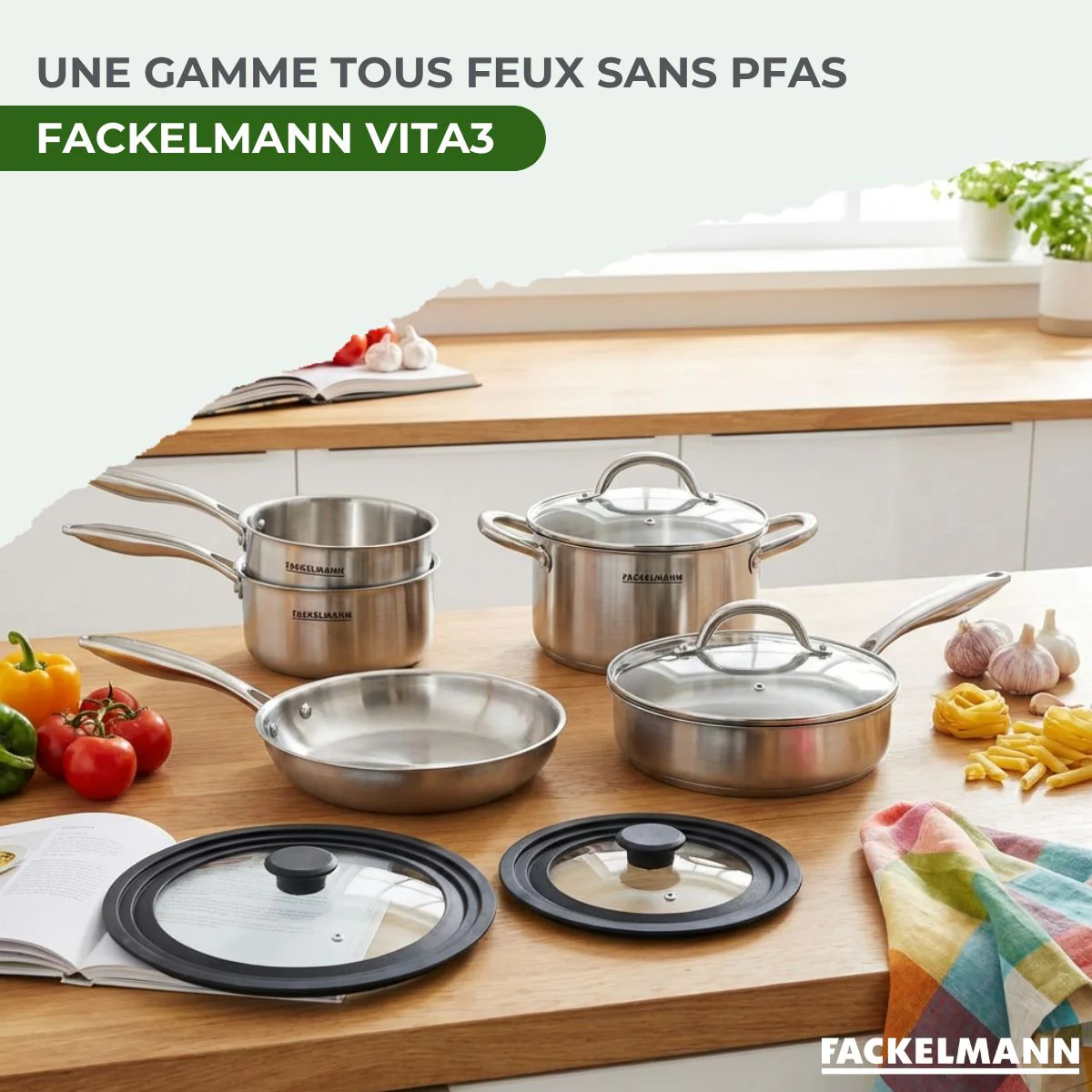 Poêles à Frire 24 cm, Casseroles 16 et 18 cm, Faitout 20 cm, Sauteuse 24 cm inox 18/10 Triply et 2 couvercles Fackelmann Vita3 - Image 2