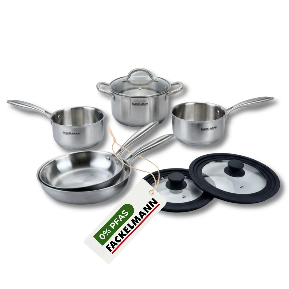 Batterie de cuisine avec 2 casseroles 16/18 cm 1 faitout 20 cm 2 poêles 24/26 cm et 2 ustensiles de cuisine sans PFAS Fackelmann Vita3