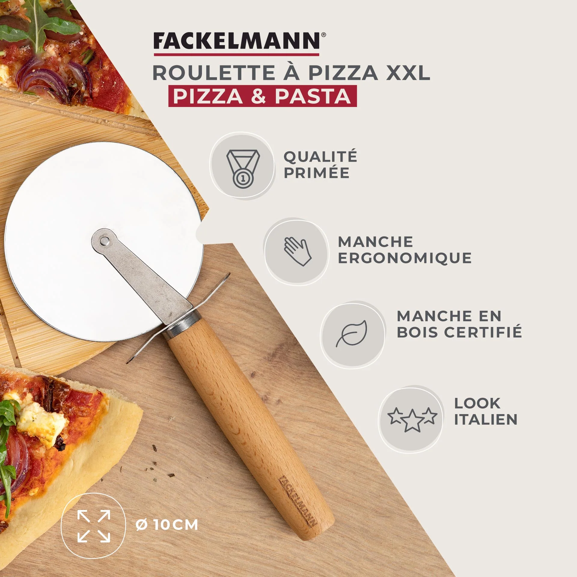 Roulette à pizza géante manche en bois 23 cm Fackelmann Pizza & Pasta - Image 2