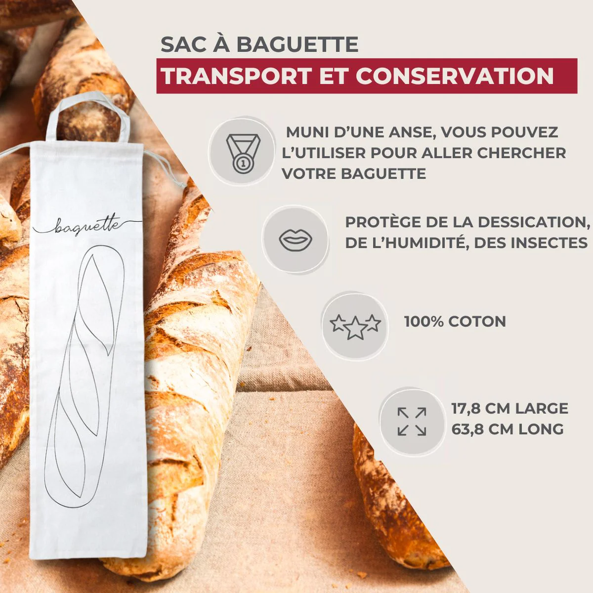 Sac de conservation pour baguette de pain en coton Fackelmann Nature - Image 3