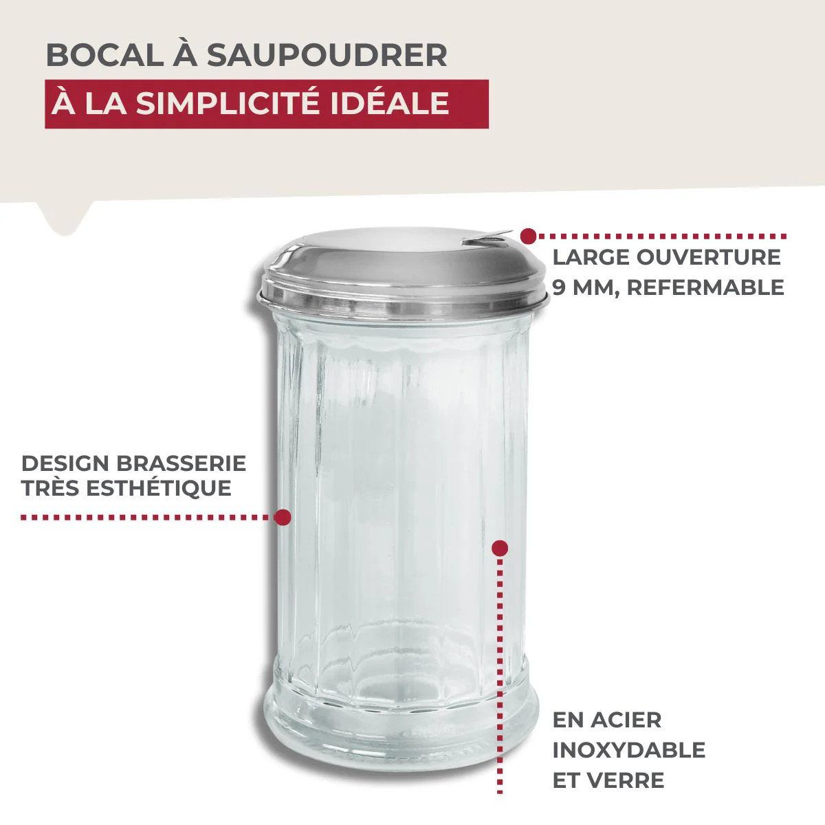 Saupoudreuse en verre et couvercle inox 14 cm Fackelmann Basic - Image 4