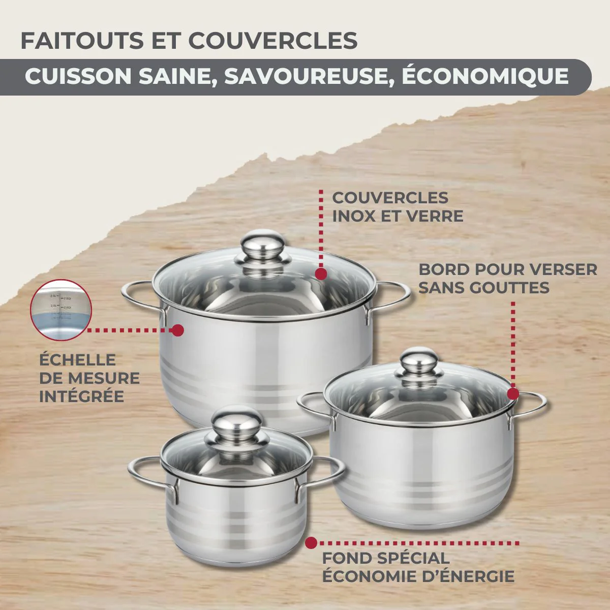 Set 1 poêle 24 cm 3 casseroles 12 16 20 cm, 3 faitouts 16, 20 et 24 cm en inox et 6 ustensiles inox Fackelmann Geneva - Image 7
