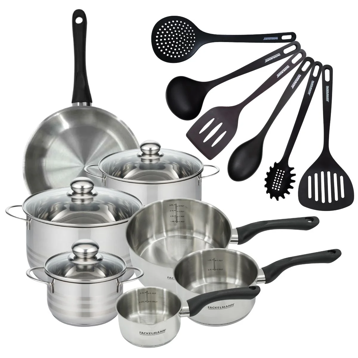 Batterie de cuisine avec 1 poêle 24 cm et 3 casseroles 12/16/20 cm avec 6 ustensiles de cuisine Fackelmann Généva Brillant Fénix