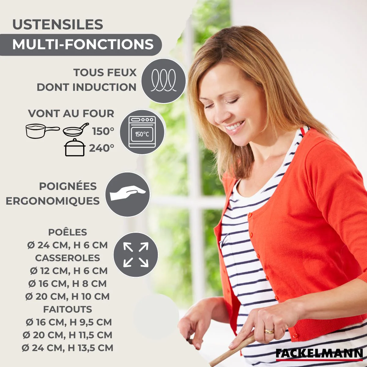 Batterie de cuisine avec 1 poêle 24 cm et 3 casseroles 12/16/20 cm avec 6 ustensiles de cuisine Fackelmann Généva Brillant Fénix - Image 3