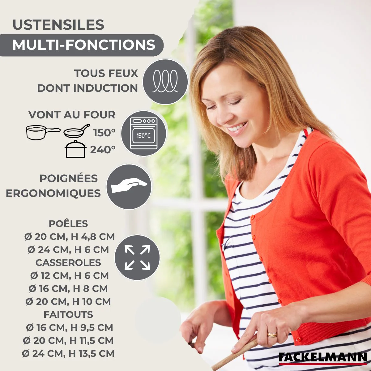 Batterie de cuisine avec 2 poêles 20/24 cm et 3 casseroles 12/16/20 cm avec 6 ustensiles de cuisine Fackelmann Généva Brillant Fénix - Image 3