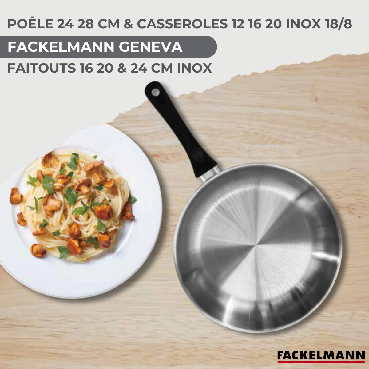 Set 2 poêles 24 28 cm, 3 casseroles 12 16 20 cm, 3 faitouts 16, 20 et 24 cm en inox et 6 ustensiles inox Fackelmann Geneva - Image 2