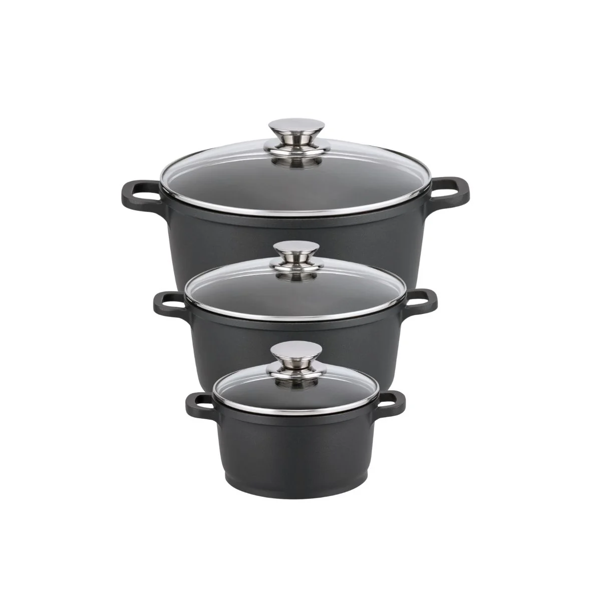 Set de 3 faitouts 16 cm 20 cm et 24 cm sans PFAS avec couvercles en verre Elo Alucast