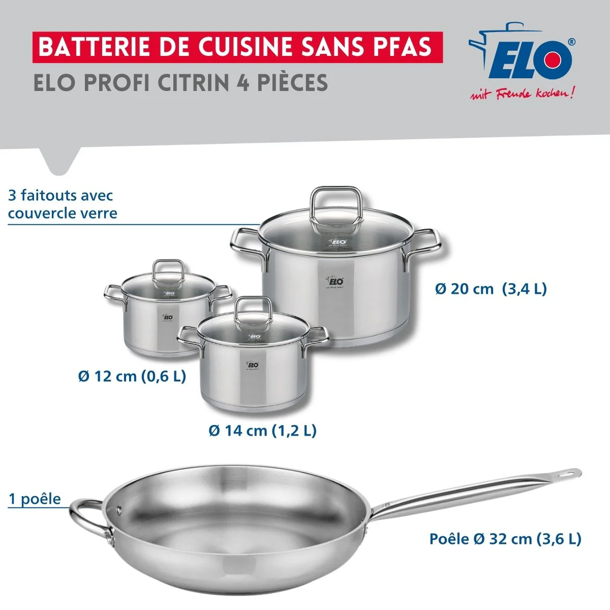Set de 1 Poêle de cuisson 32 cm et 3 faitouts 12, 14 et 20 cm Elo Profi Citrin - Image 2