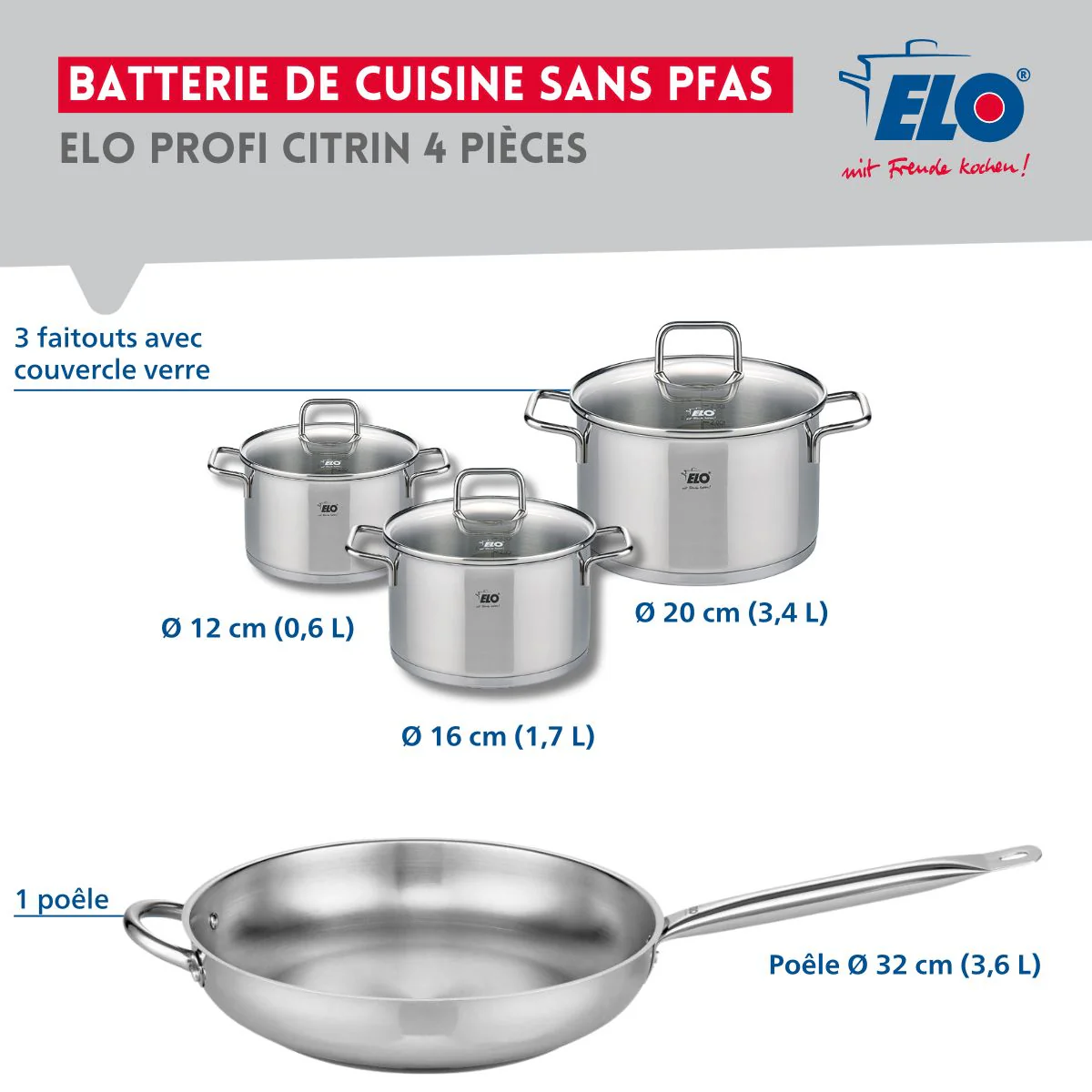Set de 1 Poêle de cuisson 32 cm et 3 faitouts 12, 16 et 20 cm Elo Profi Citrin - Image 2