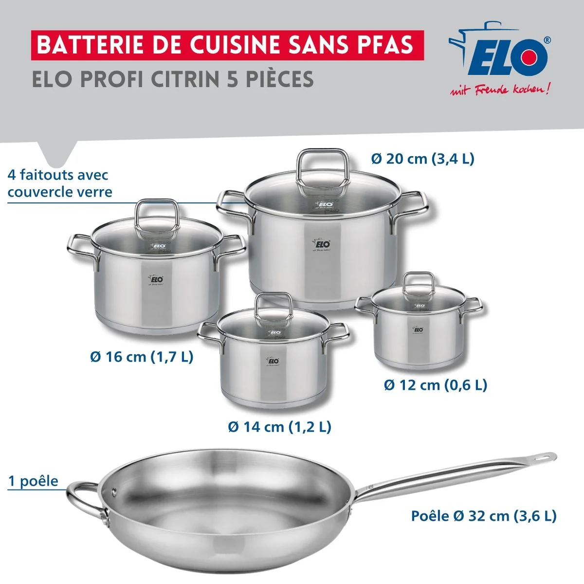 Set de 1 Poêle de cuisson 32 cm et 4 faitouts 12, 14, 16 et 20 cm Elo Profi Citrin - Image 2
