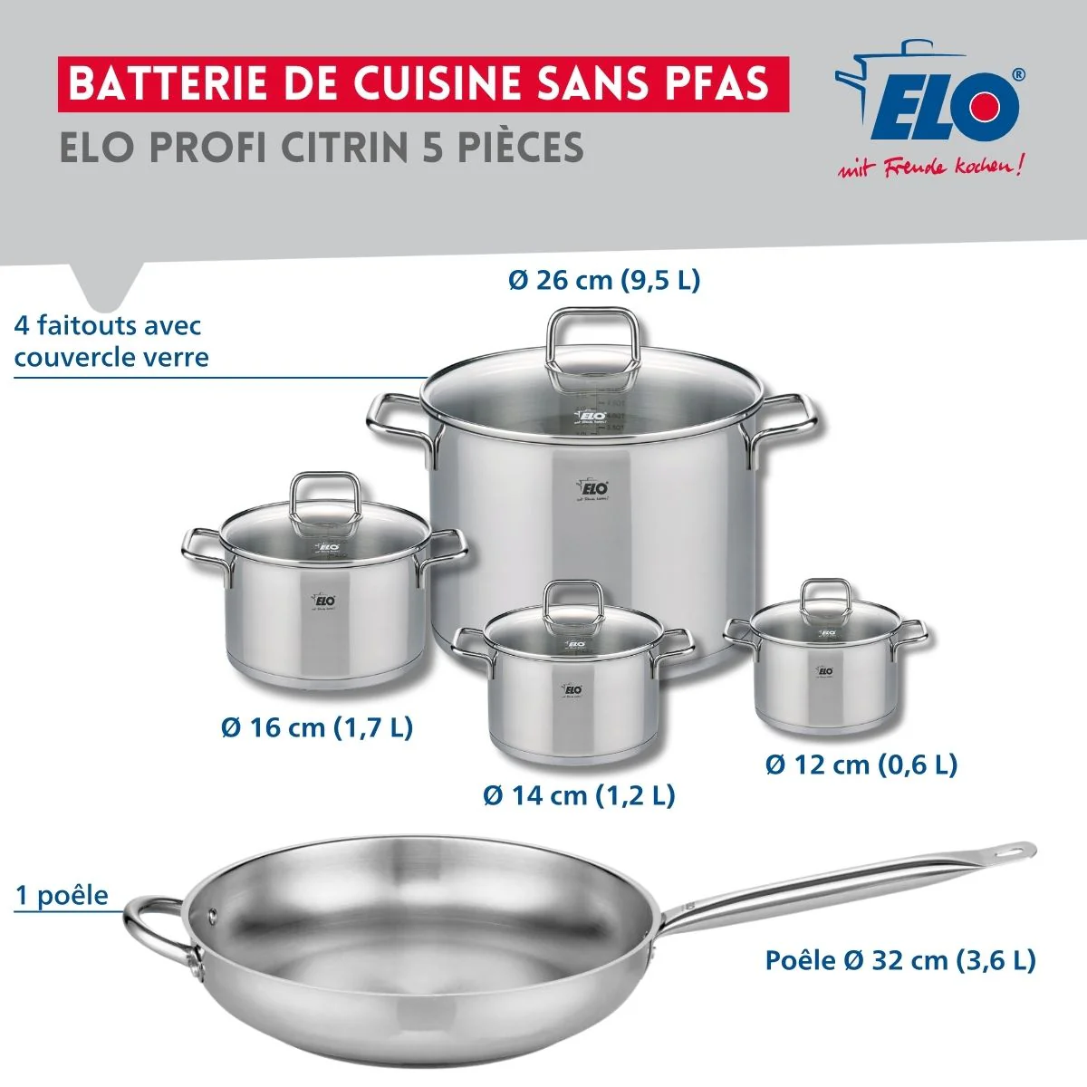 Set de 1 Poêle de cuisson 32 cm et 4 faitouts 12, 14, 16 et 26 cm Elo Profi Citrin - Image 2