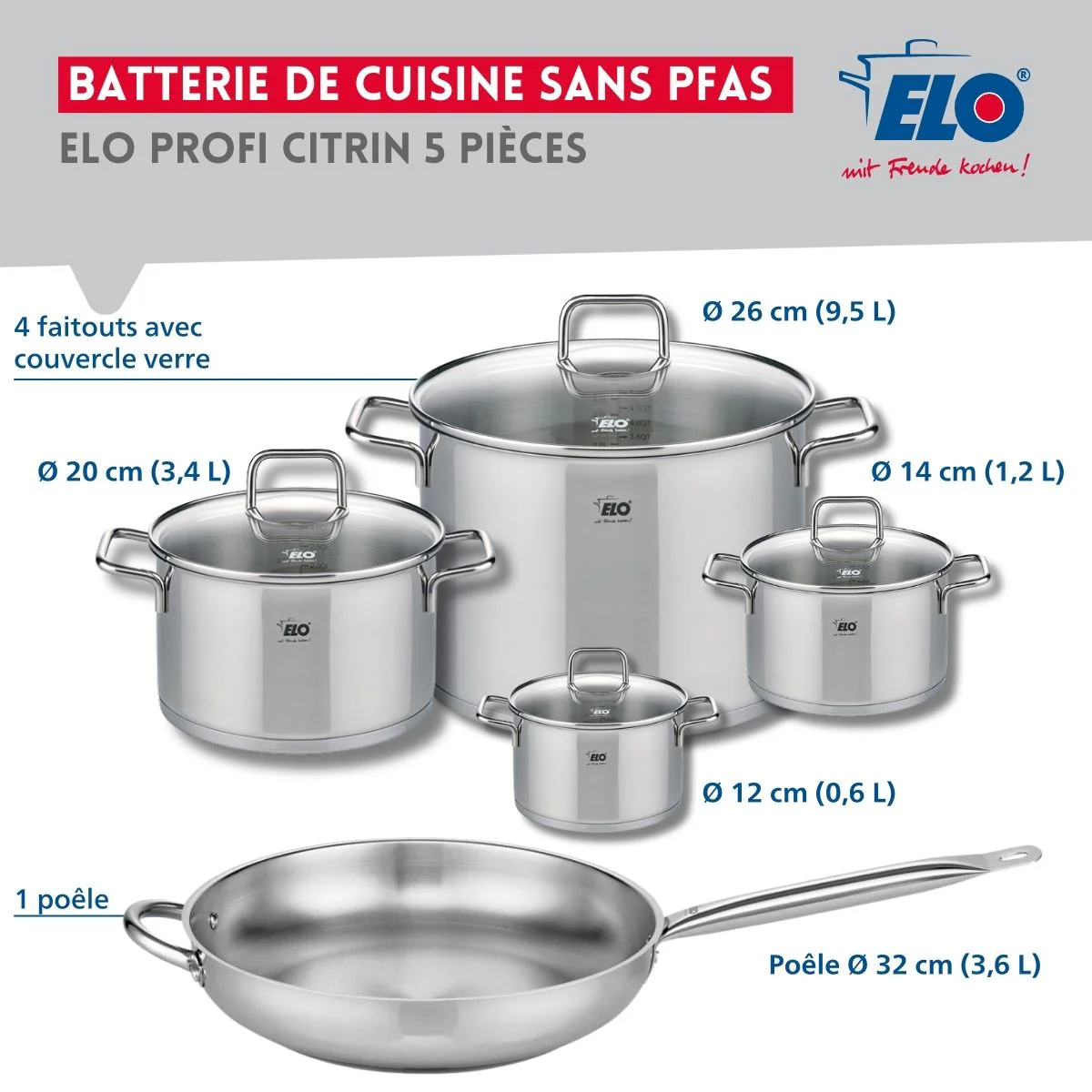 Set de 1 Poêle de cuisson 32 cm et 4 faitouts 12, 14, 20 et 26 cm Elo Profi Citrin - Image 2