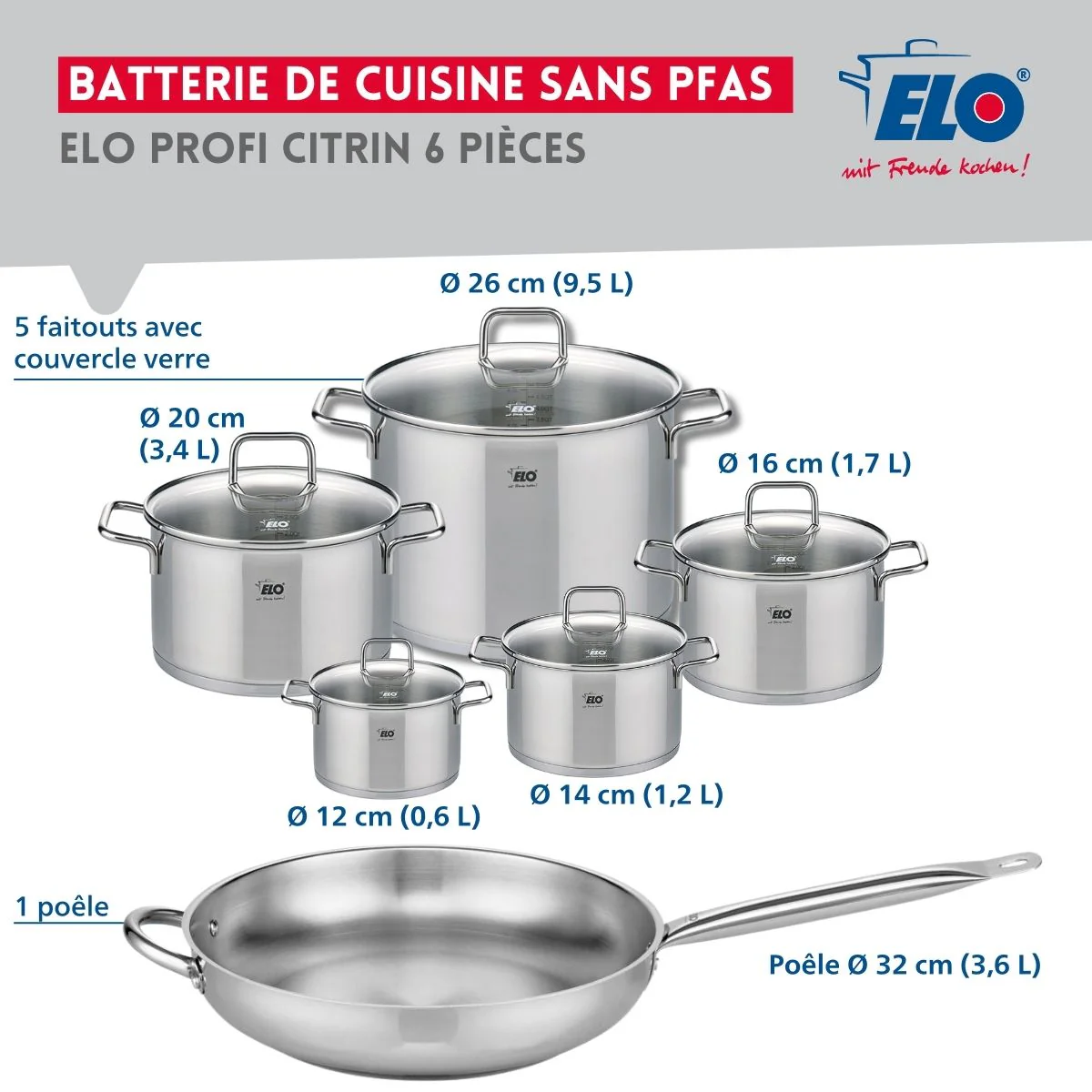 Set de 1 Poêle de cuisson 32 cm et 5 faitouts 12, 14, 16, 20 et 26 cm Elo Profi Citrin - Image 2