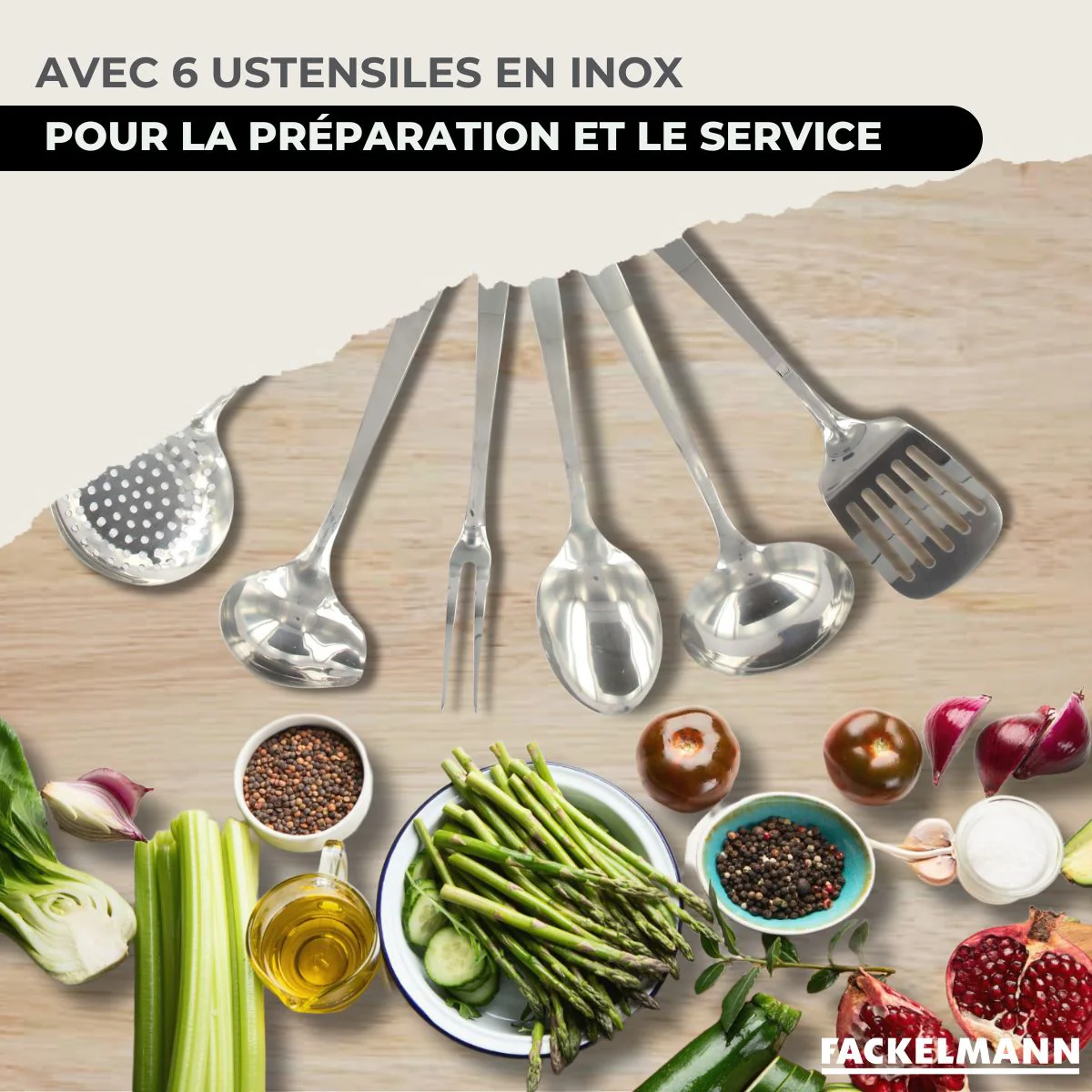 Set de 2 poêles 24 et 28 cm en inox, 2 couvercles verre et 6 ustensiles inox Fackelmann Eterna - Image 5