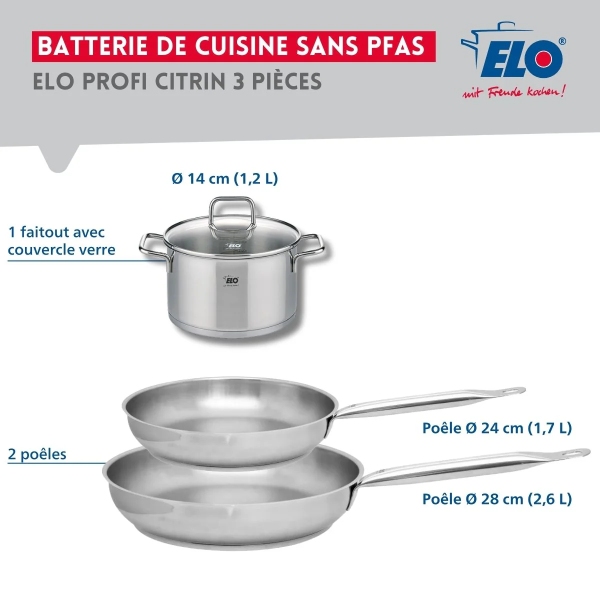 Set de 2 Poêles de cuisson 24 et 28 cm et 1 faitout 14 cm Elo Profi Citrin - Image 2