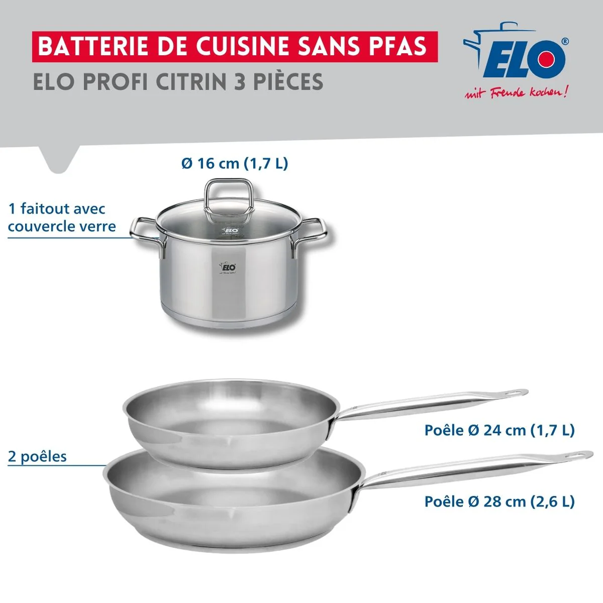 Set de 2 Poêles de cuisson 24 et 28 cm et 1 faitout 16 cm Elo Profi Citrin - Image 2