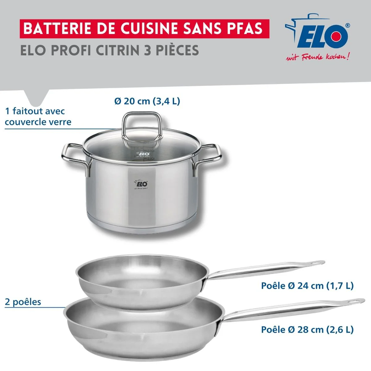 Set de 2 Poêles de cuisson 24 et 28 cm et 1 faitout 20 cm Elo Profi Citrin - Image 2