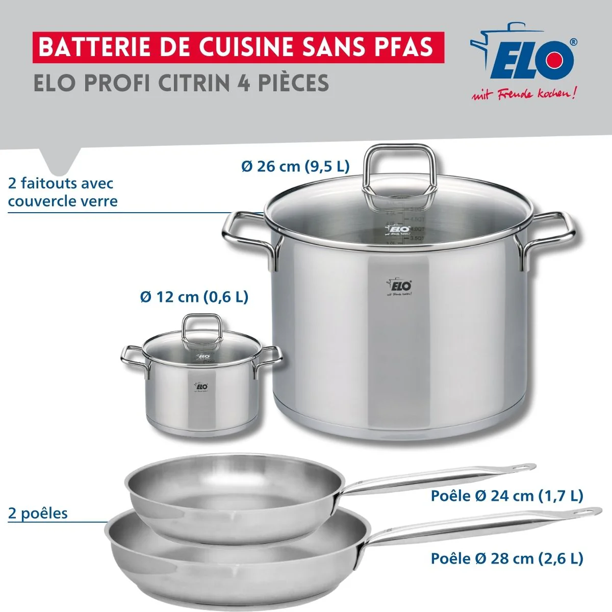 Set de 2 Poêles de cuisson 24 et 28 cm et 2 faitouts 12 et 26 cm Elo Profi Citrin - Image 2