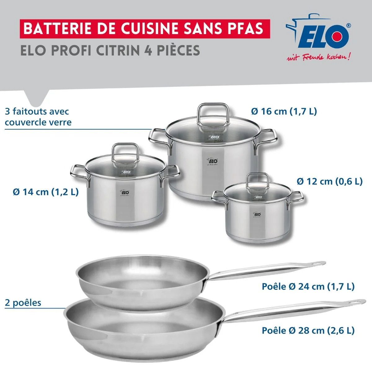 Set de 2 Poêles de cuisson 24 et 28 cm et 3 faitouts 12, 14 et 16 cm Elo Profi Citrin - Image 2