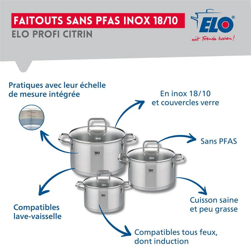 Set de 2 Poêles de cuisson 24 et 28 cm et 3 faitouts 12, 14 et 20 cm Elo Profi Citrin - Image 3