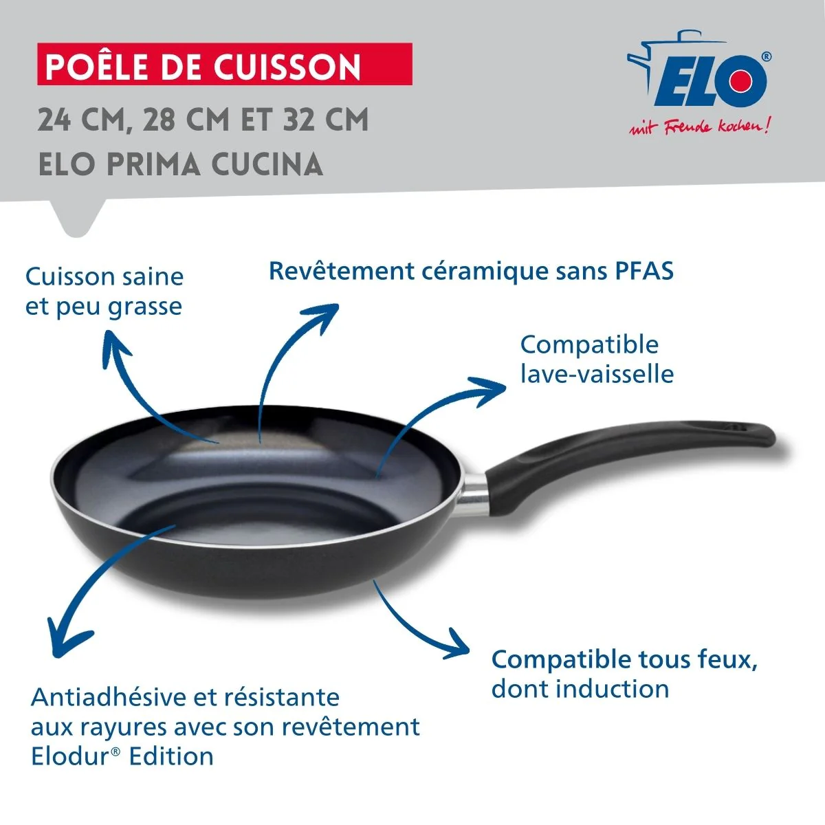 Set de 3 Poêles 24, 28 et 32 cm céramique sans PFAS et 3 couvercles en verre Elo Prima Cucina - Image 3