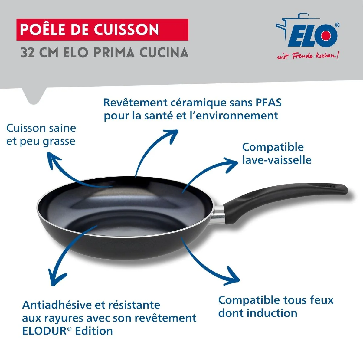 Set Poêle 32 cm céramique sans PFAS et couvercle Elo Prima Cucina - Image 3
