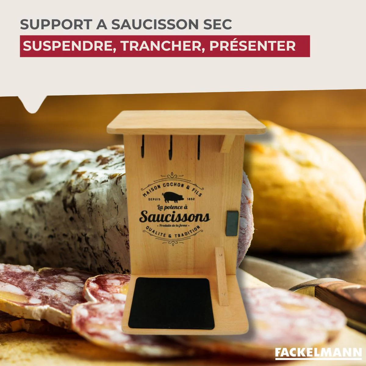 Support en bois pour saucisson sec avec crochets Fackelmann - Image 2